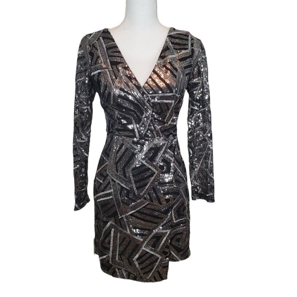 Gianni Bini Sequin Mini Dress Womens S Black Silver Metallic Mesh Reputation